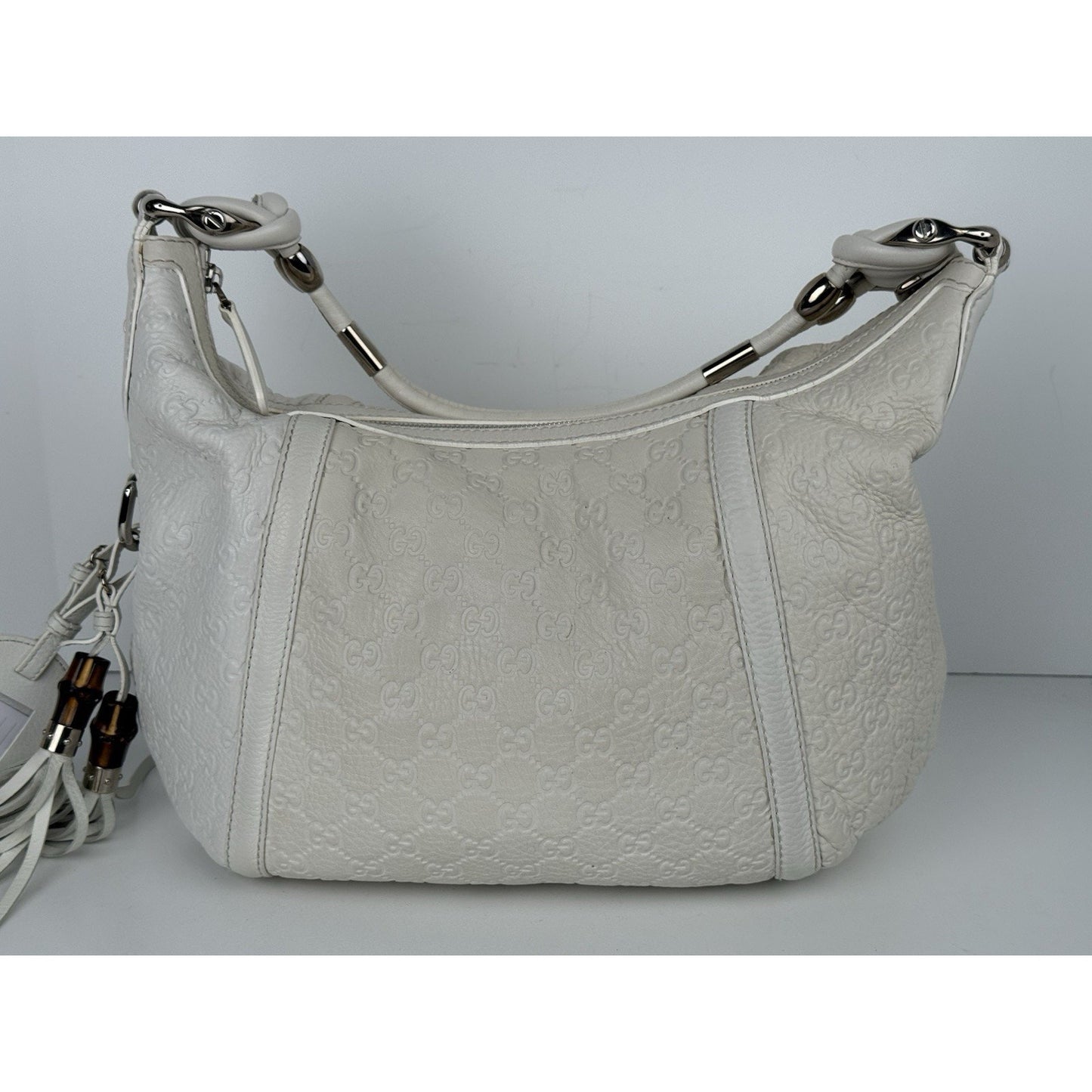 Gucci Guccissima Medium Techno Horsebit Hobo White Leather