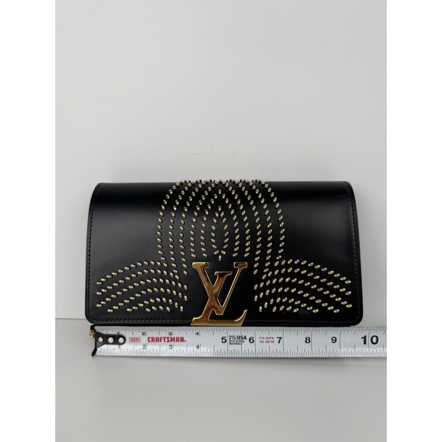 LOUIS VUITTON Black Calfskin Fleur De Lys Pochette Studded Chain Louise