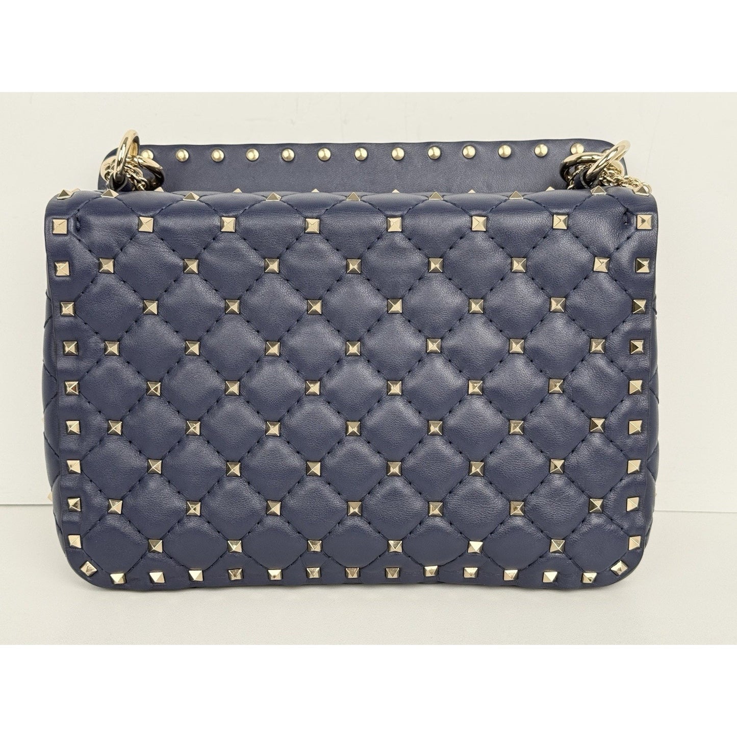 Valentino Garavani Nappa VLTN Print Medium Rockstud Spike Shoulder Bag Navy Blue
