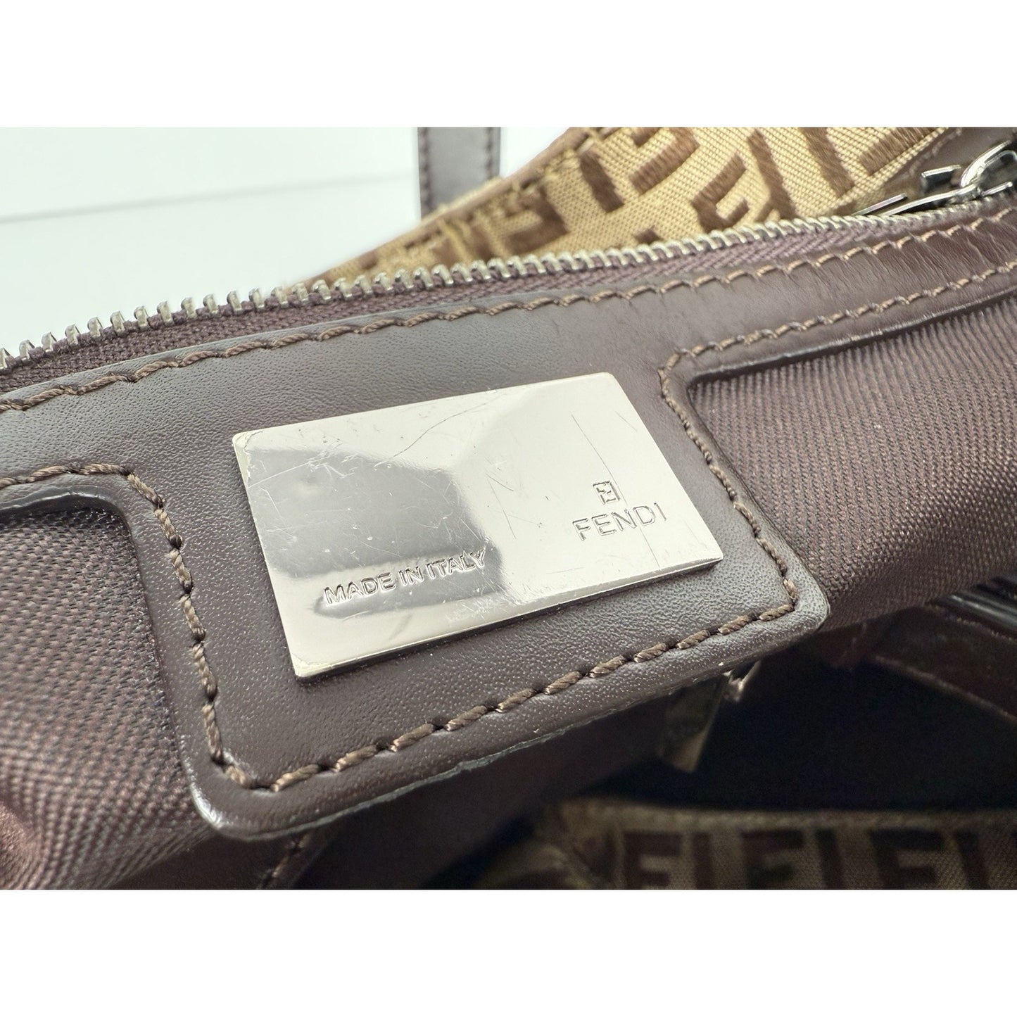 Fendi Zucchino Canvas Monogram Bag with Leather Trim and Silver Hardware