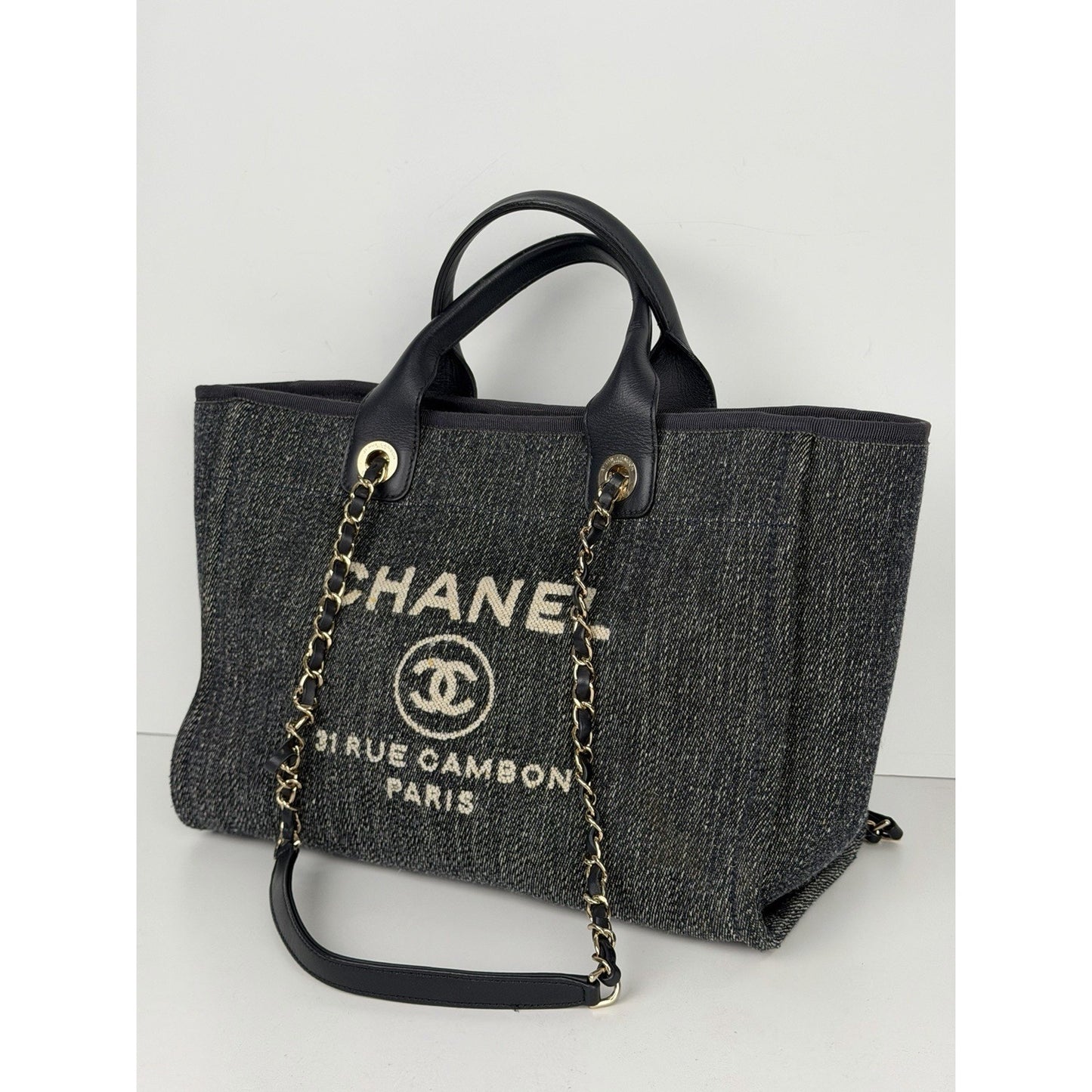 Chanel Denim Deauville Tote Small in Blue and White Toile Canvas NFC E4