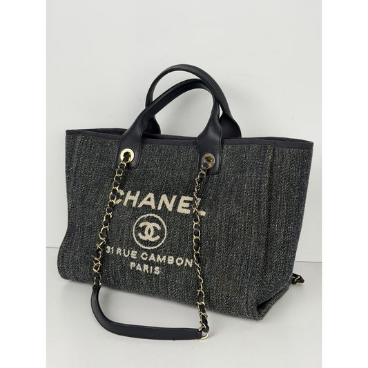 Chanel Denim Deauville Tote Small in Blue and White Toile Canvas NFC E4