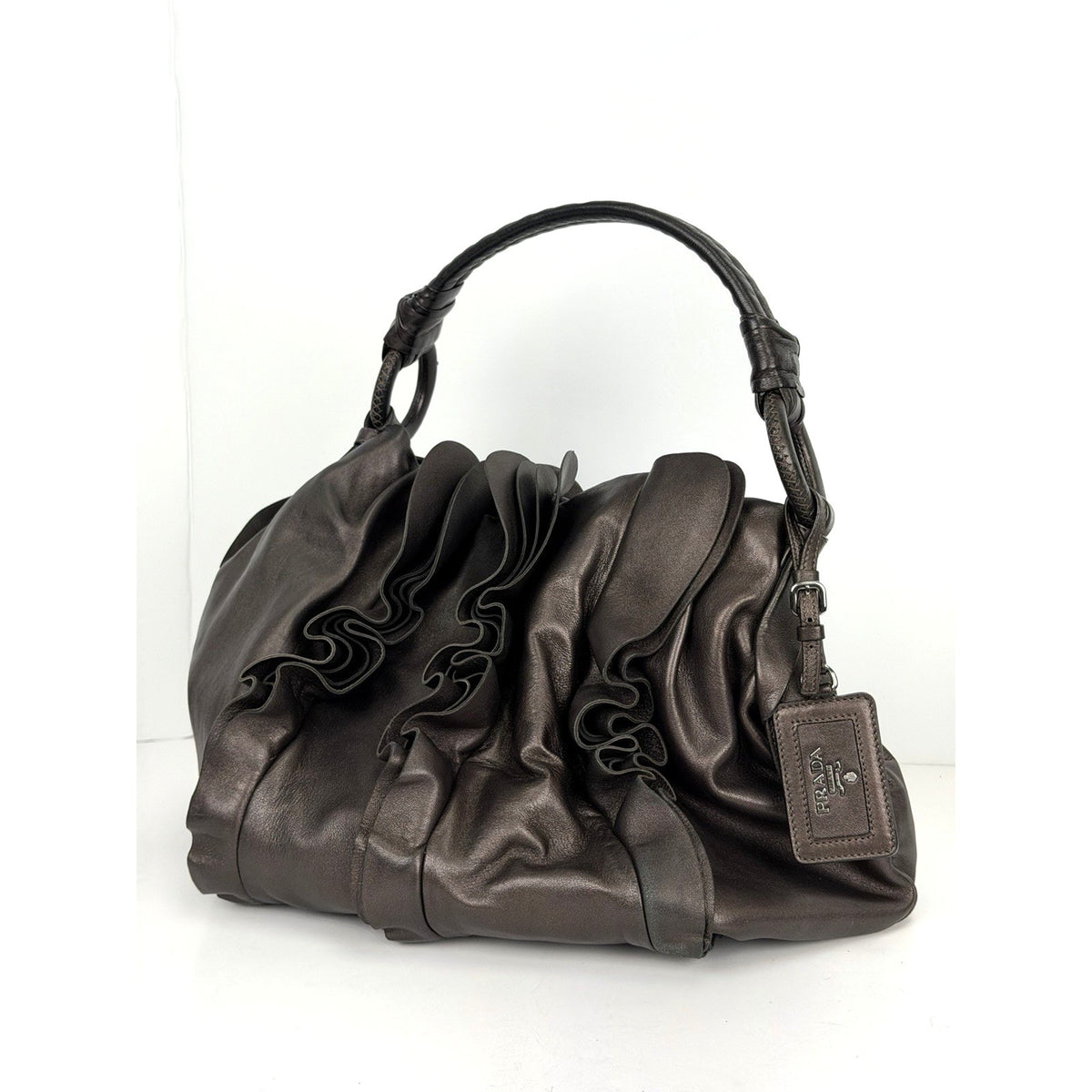 Prada Nappa PM Shoulder Bag in Brown Ruffle Leather S02