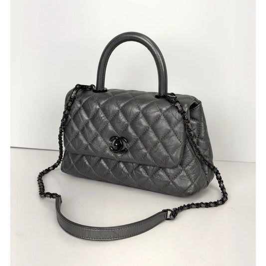 Chanel Coco Handle Flap Bag Small in Charcoal Gray Aged Calfskin Leather 2019 C4
