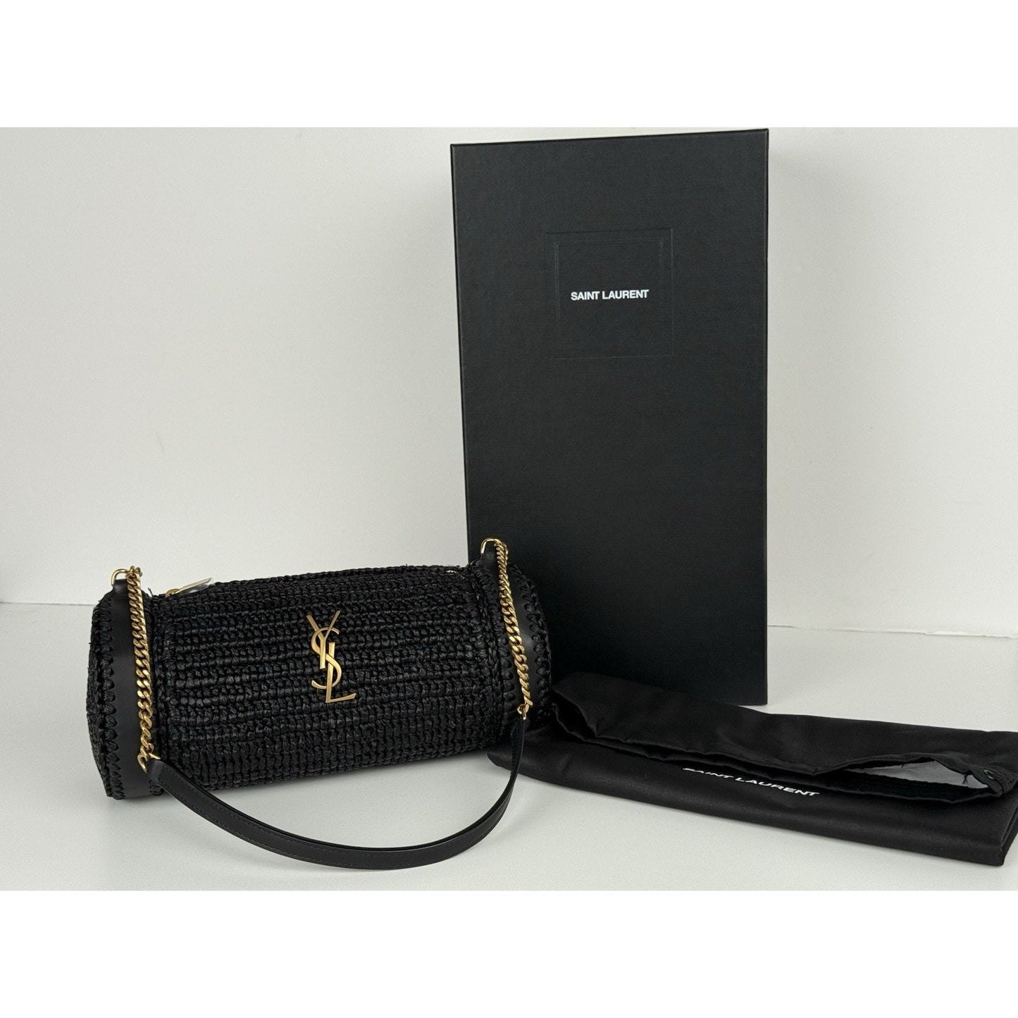 SAINT LAURENT Small Cylinder Black Raffia & Leather Shoulder Bag