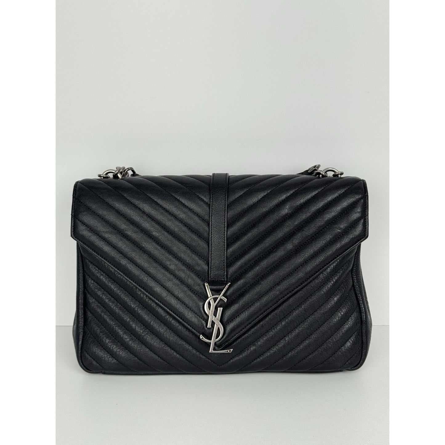 Saint Laurent Large College Satchel Black Chevron Leather Silver Hardware C5