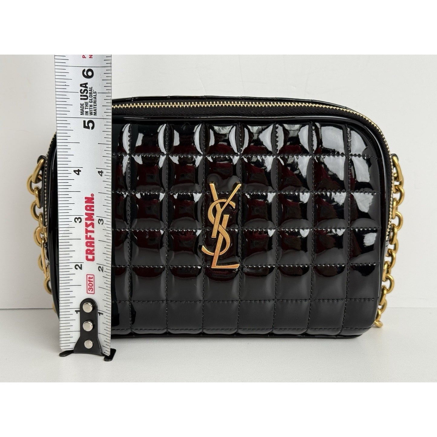 Saint Laurent Patent Calfskin Carré Quilted Cassandre Mini Camera Bag Black