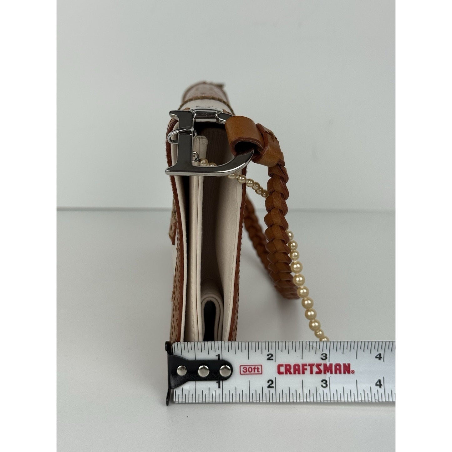 Dior Tan/Off White Brogue Leather Faux Pearl D’Trick Baguette Bag