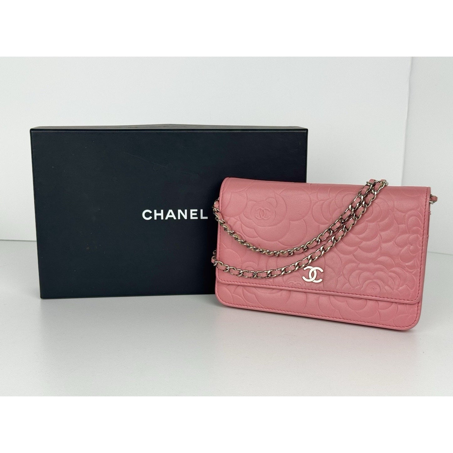 Chanel Camellia Wallet on Chain Pink Embossed Lambskin Silver Hardware B-9
