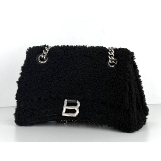 Balenciaga Crush Small Chain Bag in Black Curly Fake Shearling E6