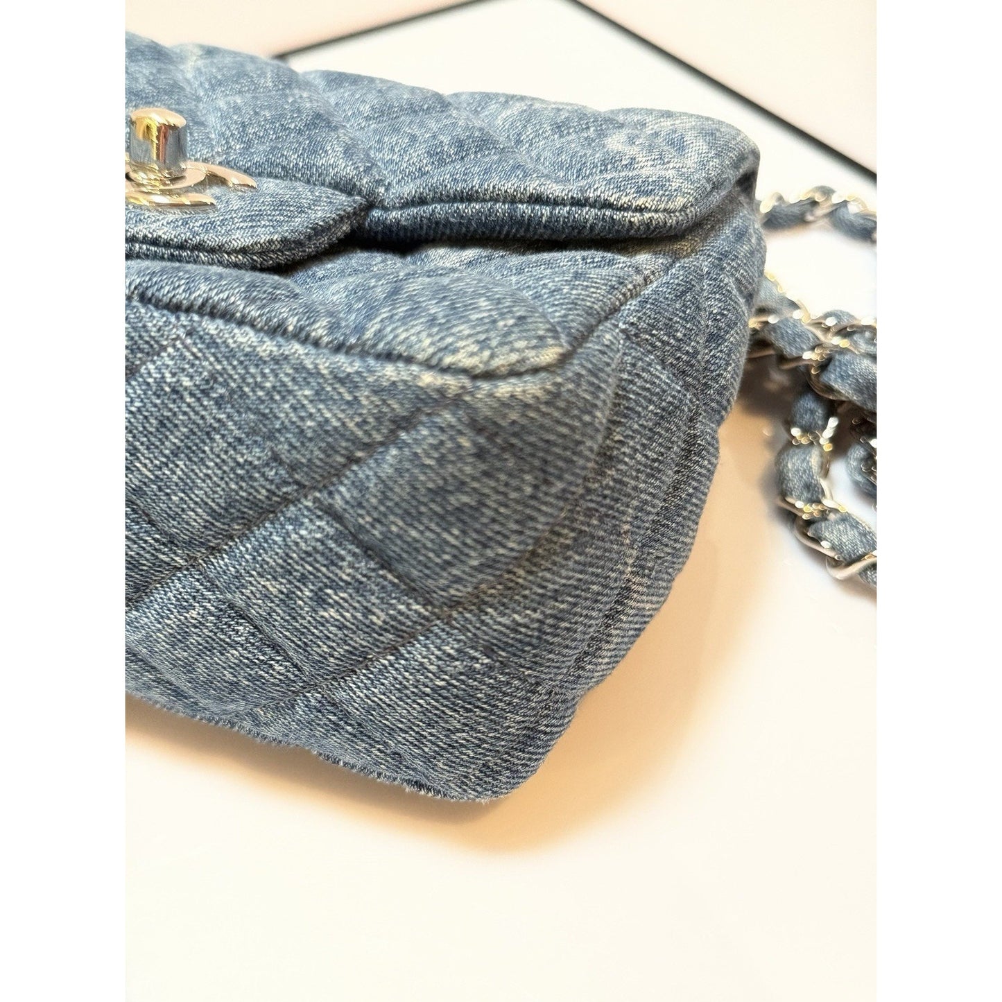 Chanel Square Classic Single Flap Bag Quilted CC Printed Denim Mini