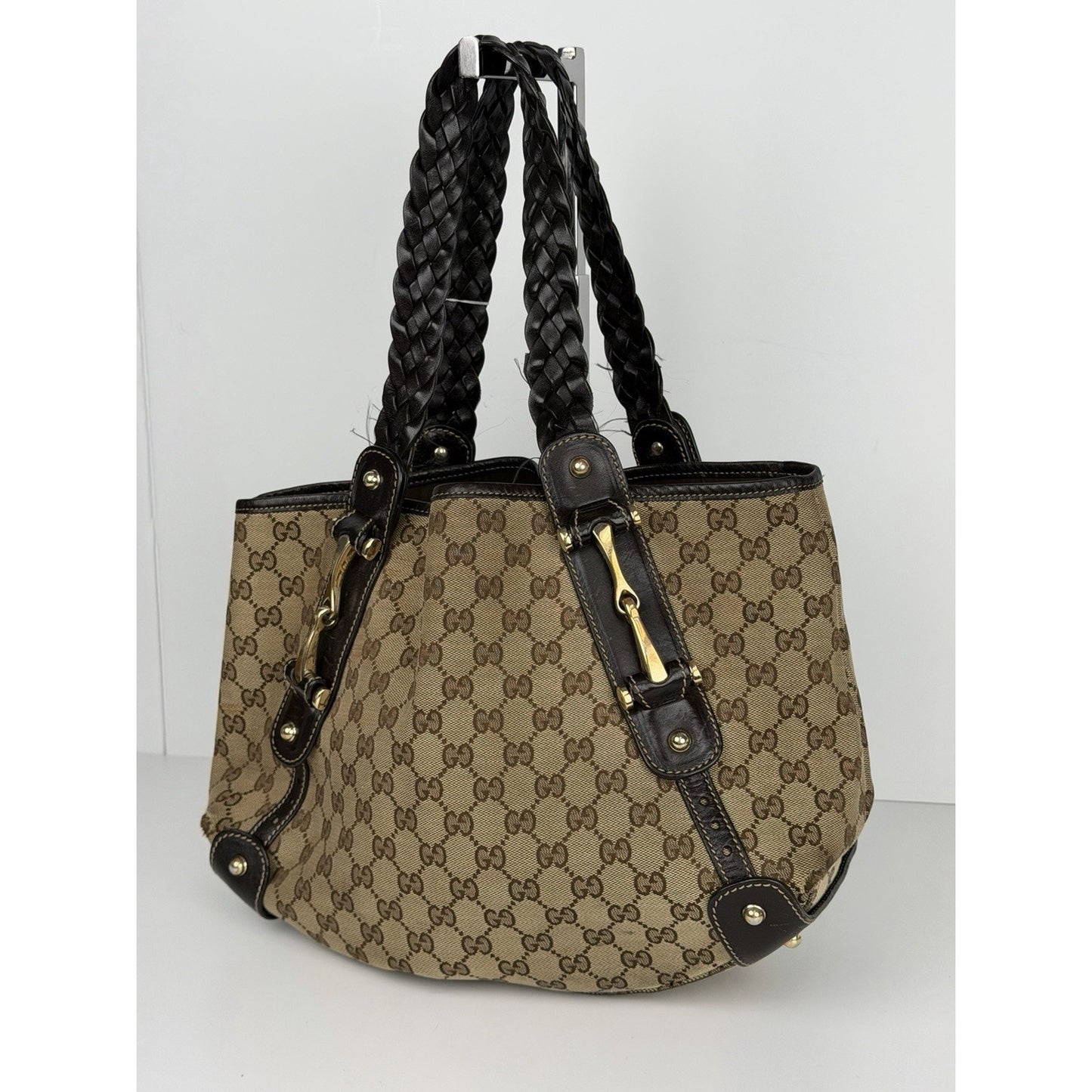 Gucci GG Pelham Shoulder Bag Canvas Braided Leather Handles & Gold Hardware S32