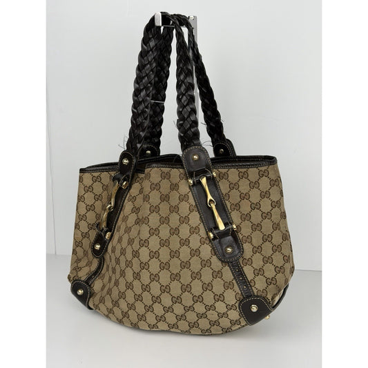 Gucci GG Pelham Shoulder Bag Canvas Braided Leather Handles & Gold Hardware S32