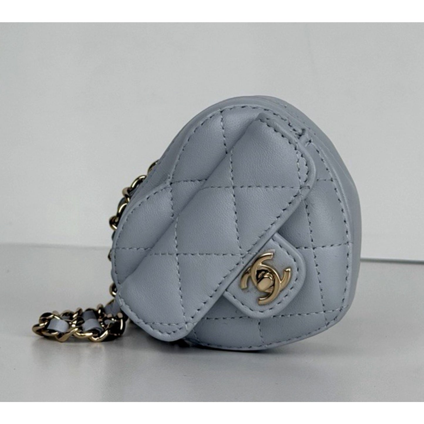 Chanel CC In Love Heart Mini Bag Charm in Light Blue Quilted Lambskin U-3