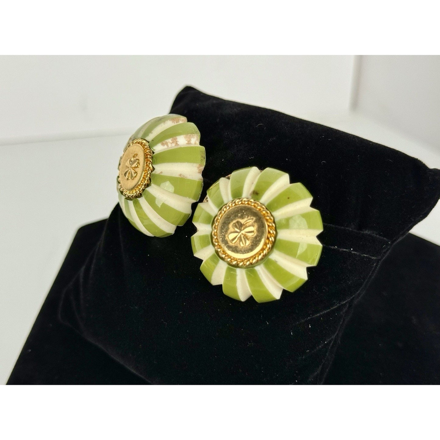 Chanel Vintage Gold Tone Clover Green Enamel Clip On Earrings