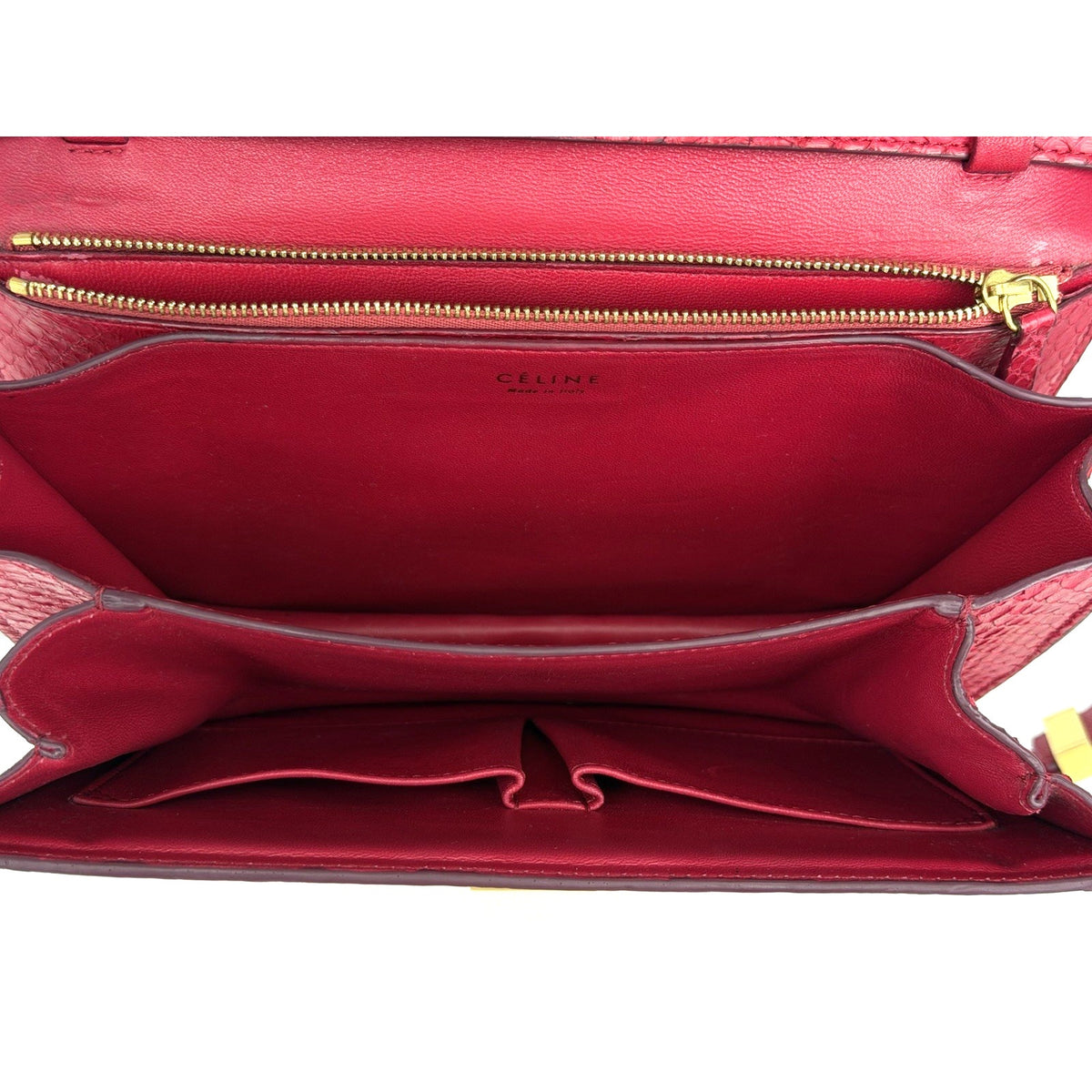 Celine Medium Classic Box Flap Shoulder Bag Red Python Leather Gold Hardware C-1