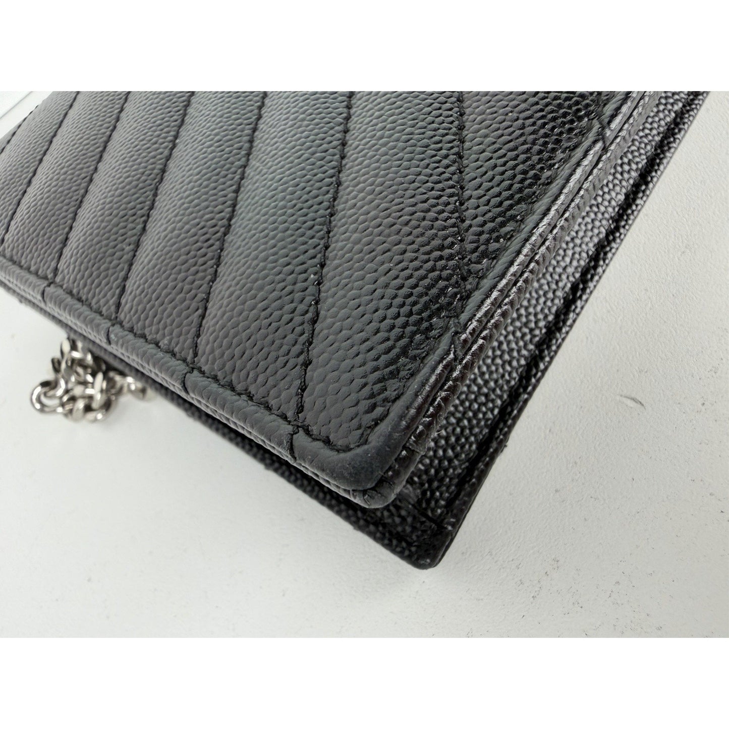 Saint Laurent Cassandre Chain Wallet Bag Small Black Grain de Poudre Leather S12