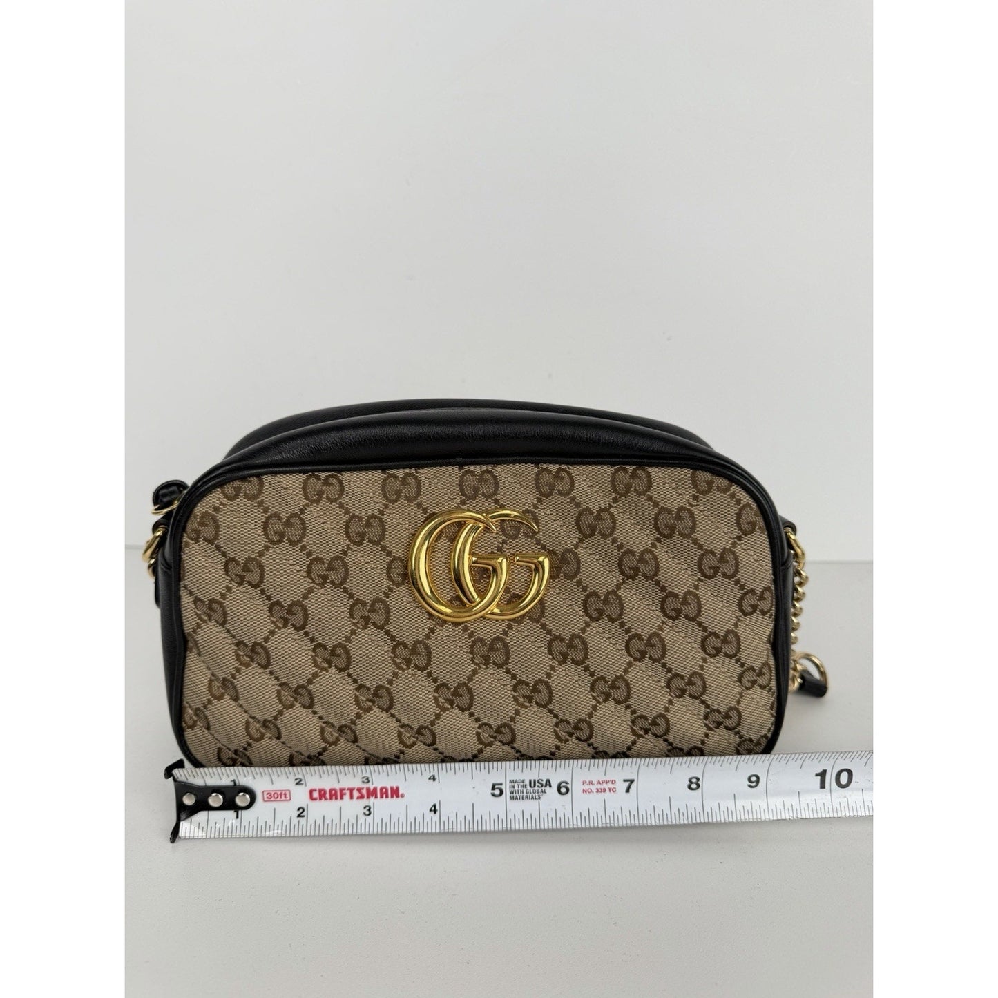 Gucci Marmont Camera Shoulder Bag Small in GG Canvas & Black Leather S04