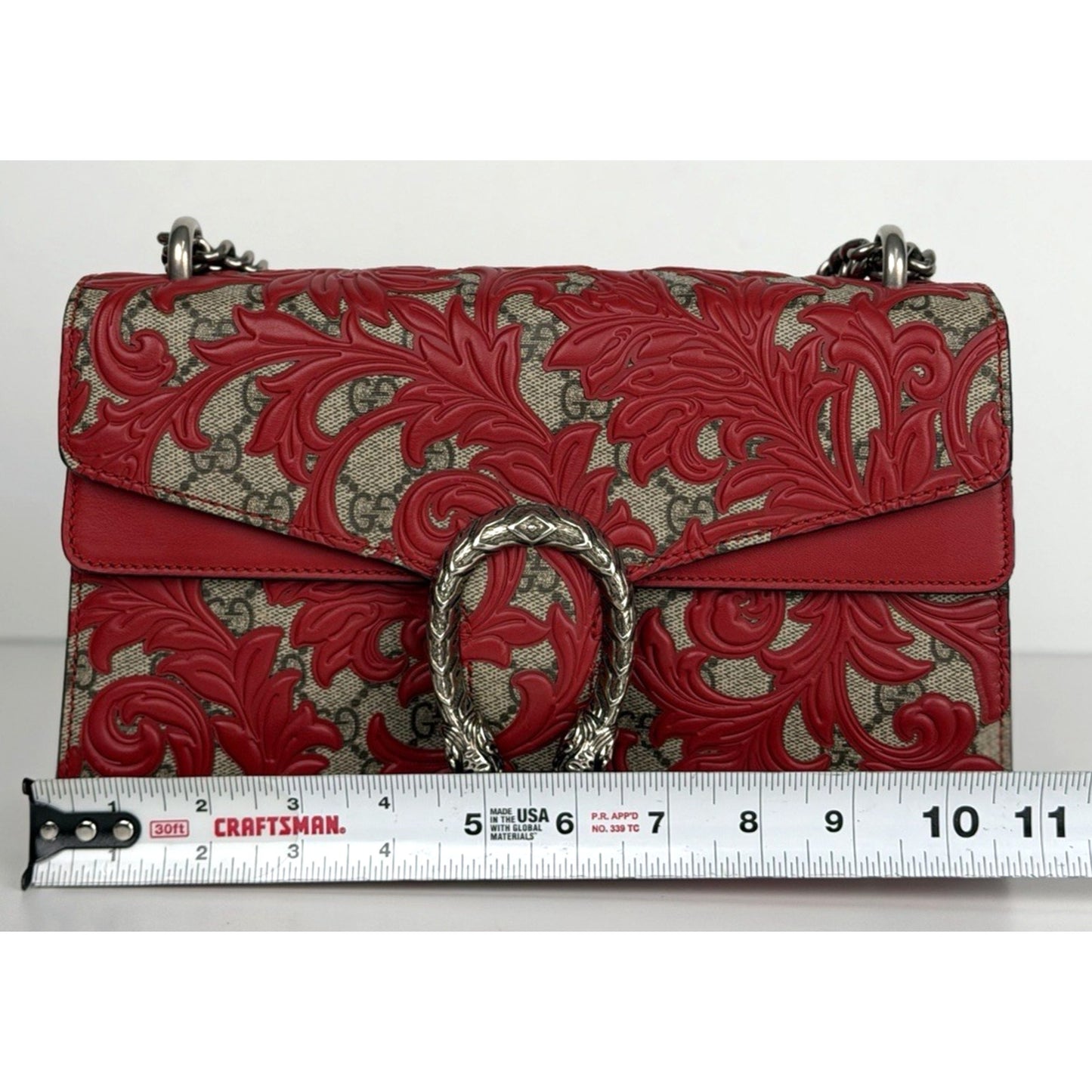 Gucci GG Supreme Arabesque Dionysus Shoulder Bag Small with Red Leather Trim S07