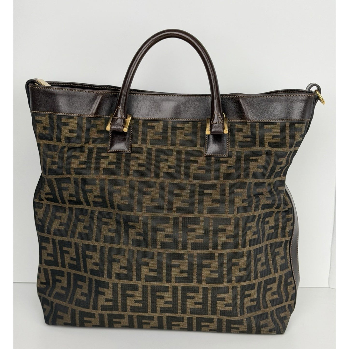 Fendi Zucca Tote Bag FF Monogram Canvas & Dark Brown Leather Trim S