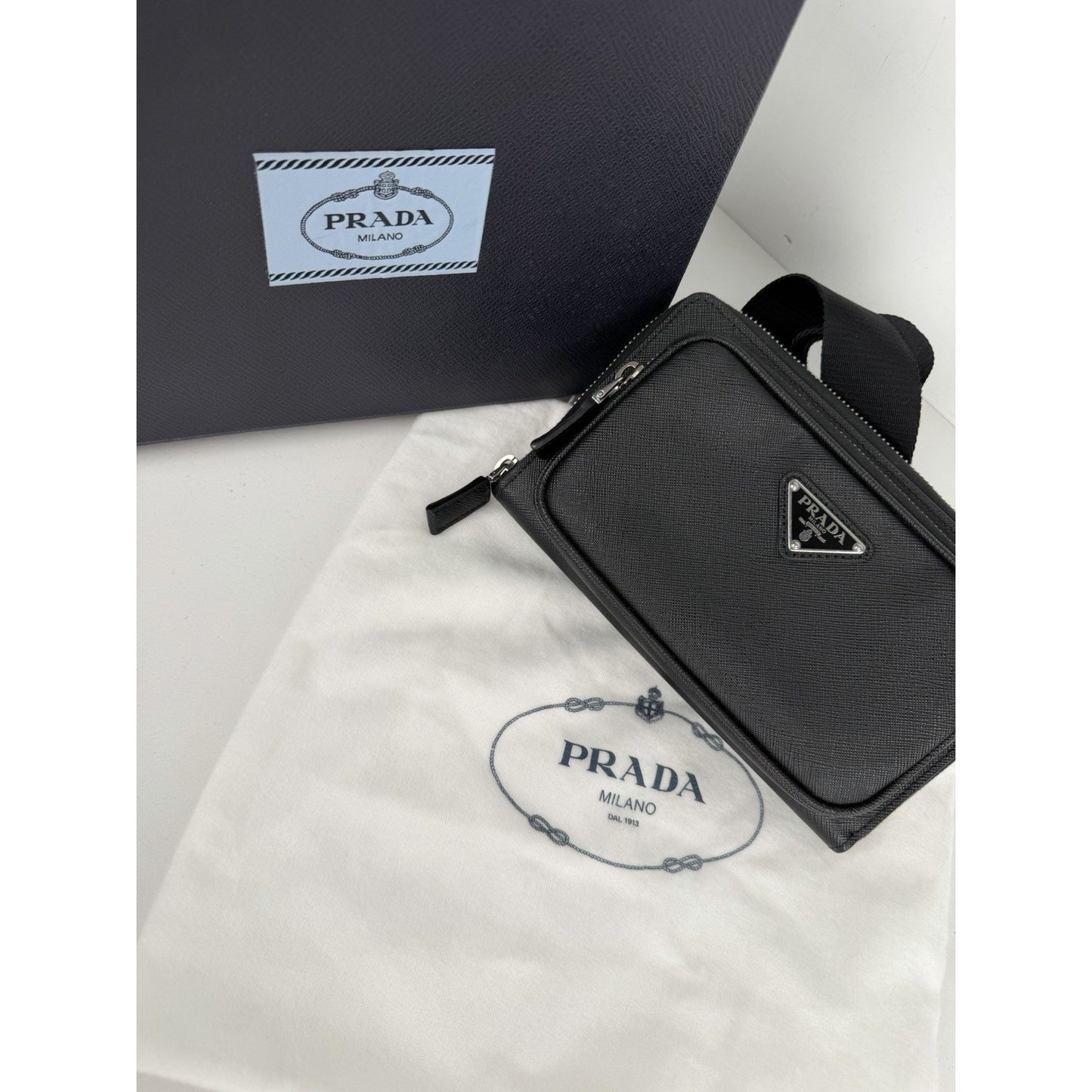 Prada Enameled Metal Triangle Logo Belt Bag in Black Saffiano Leather B-5