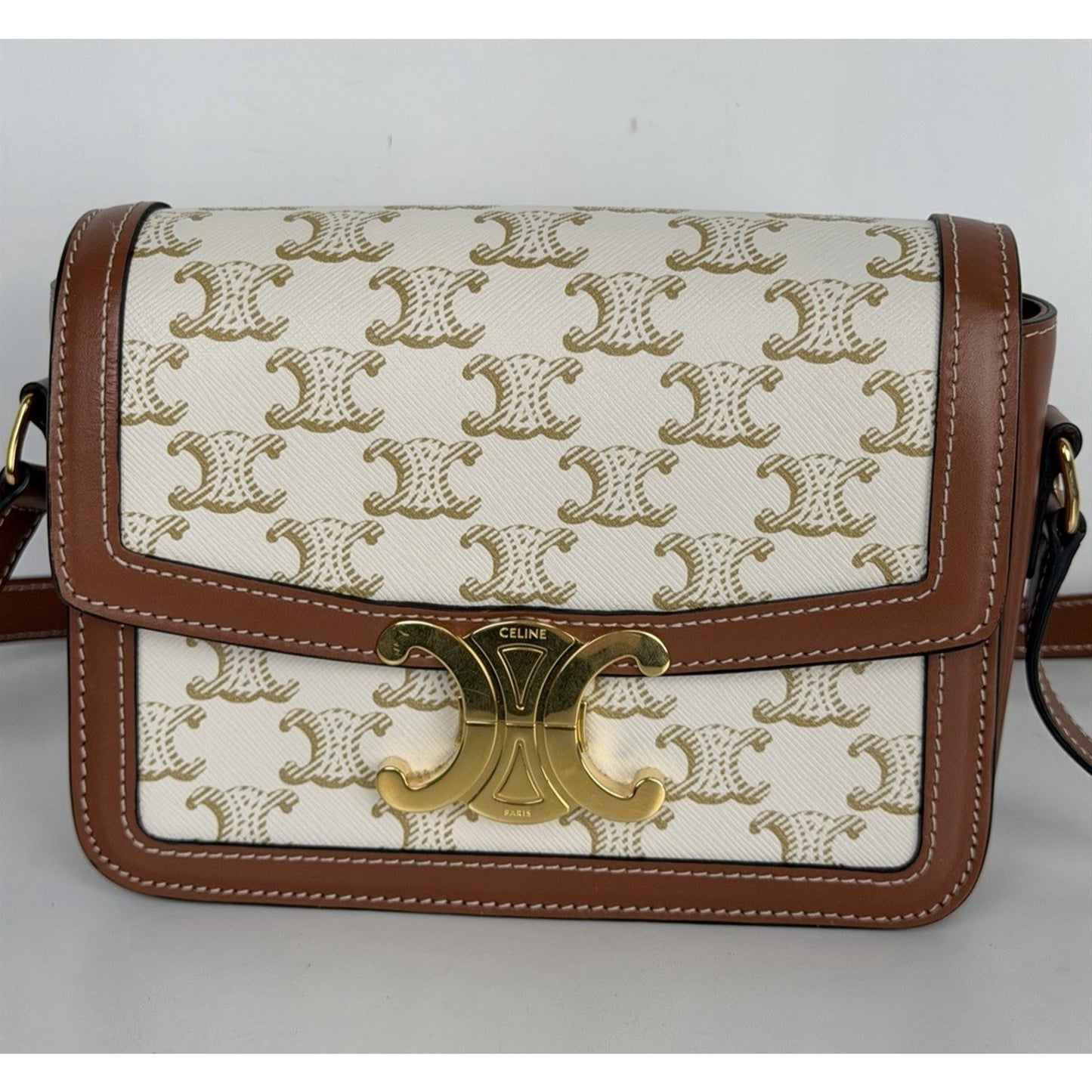 Celine Teen Triomphe Bag in Brown and White Triomphe Canvas and Calfskin S11