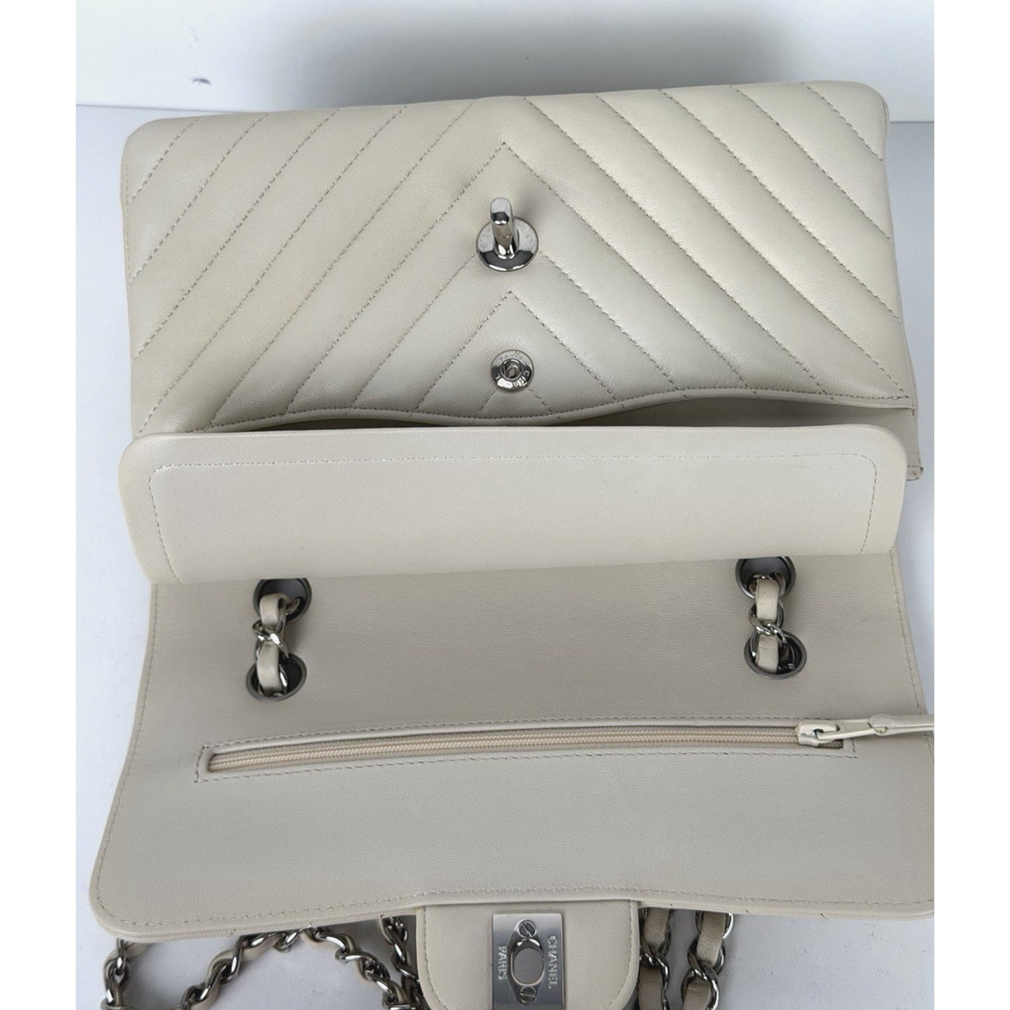 Chanel Small Classic Double Flap Shoulder Bag in Chevron Ivory Leather 2021 U2