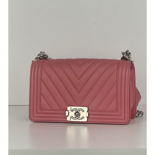 Chanel Boy Pink Leather Chevron Medium Women’s Shoulder Bag