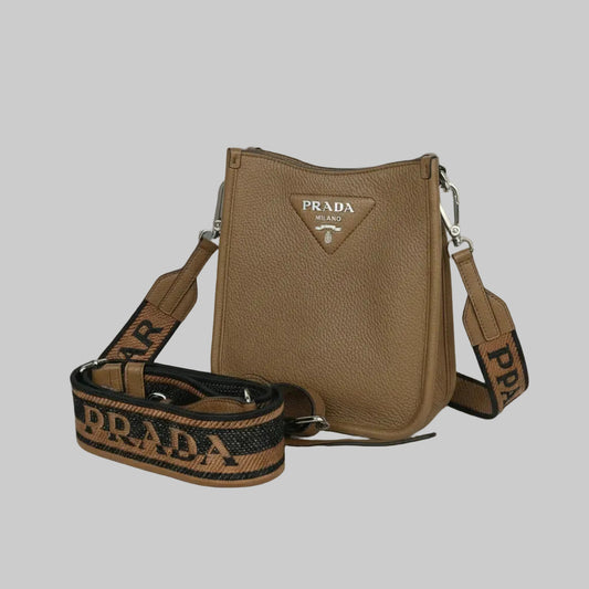Prada Vitello Daino Soft Mini Hobo Messenger Bag in Caramel Brown Leather