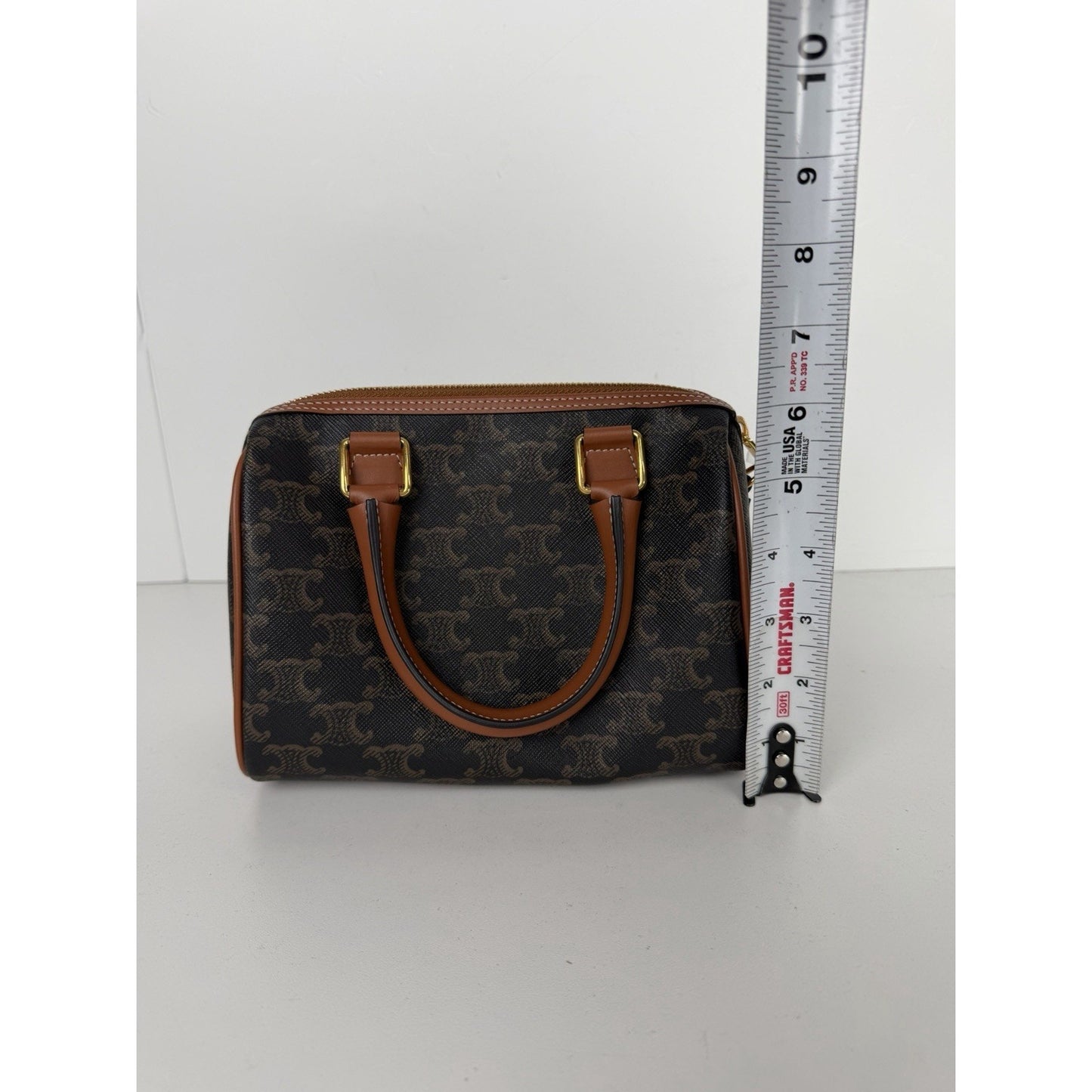 Celine Small Boston Bag in Tan Triomphe Coated Canvas F1