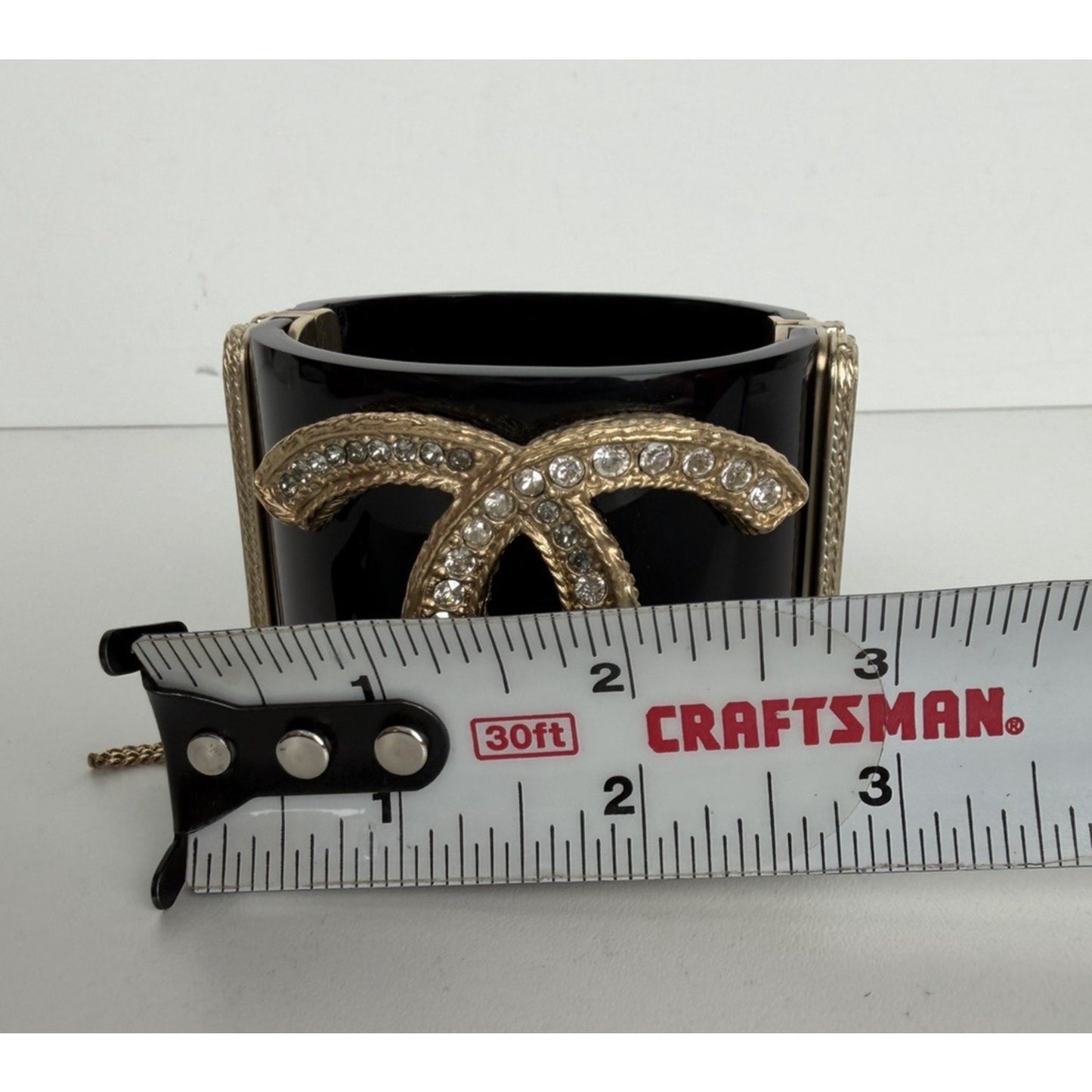 Chanel Resin & Crystal CC Hinged Cuff Wide Bracelet in Black & Gold