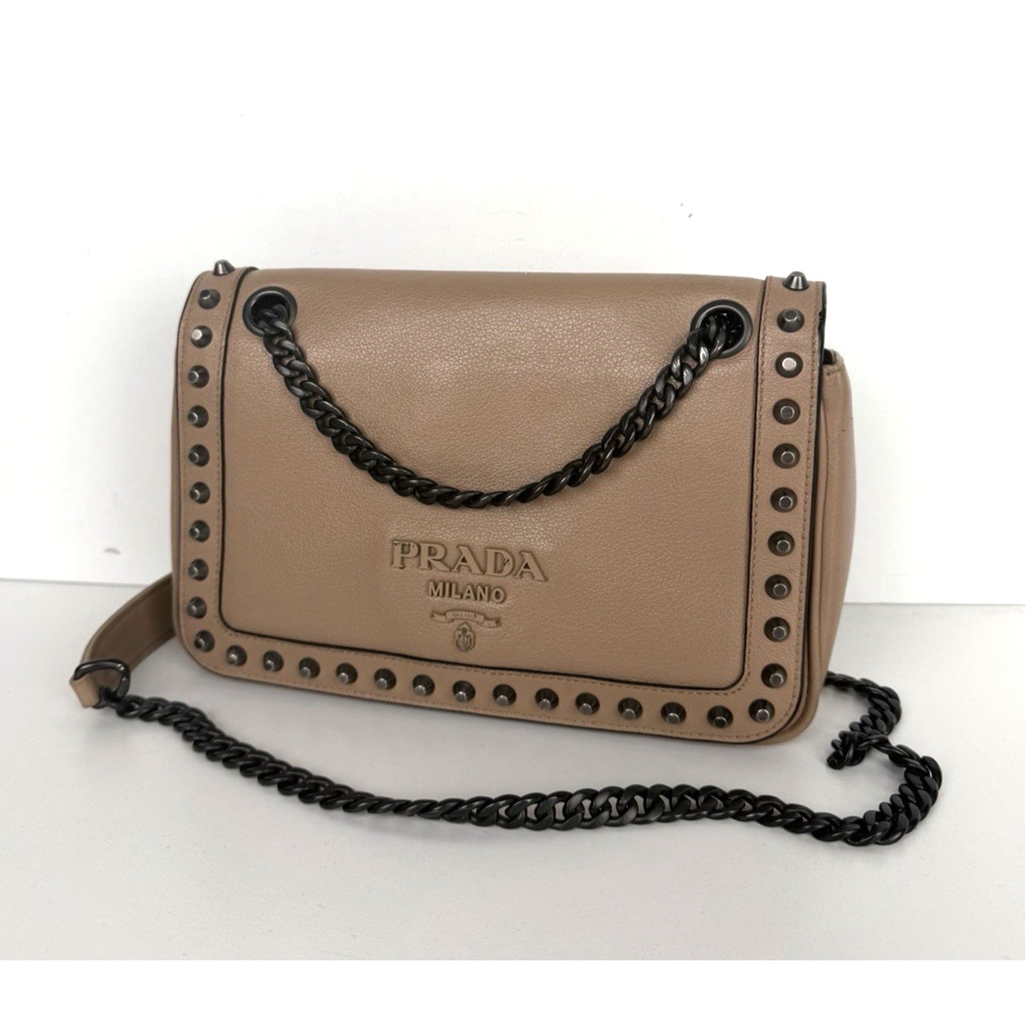 Prada Pattina Glace Studded Crossbody Bag in Neutral Calfskin Leather S-19
