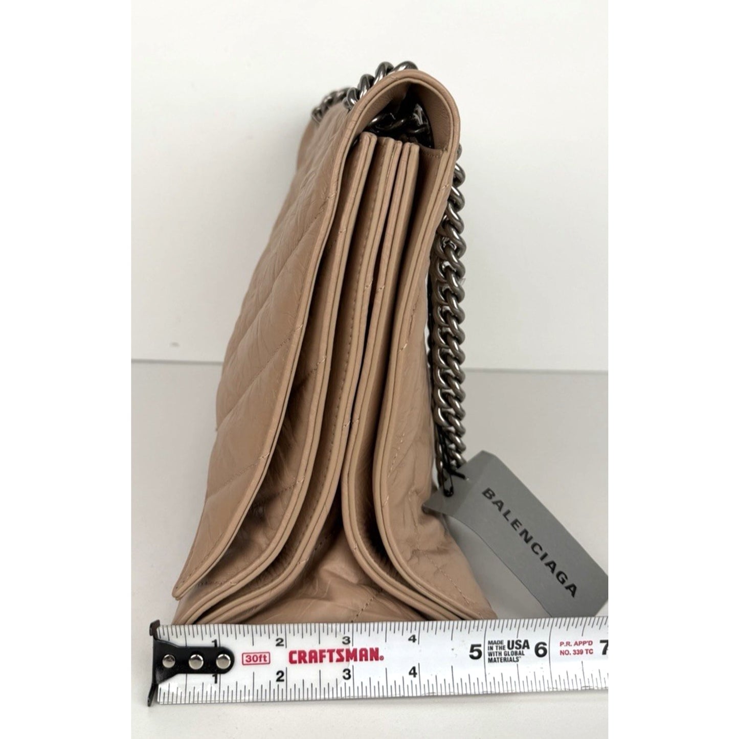 Balenciaga Large Crush Quilted Leather Chain Shoulder Bag Light Beige E7