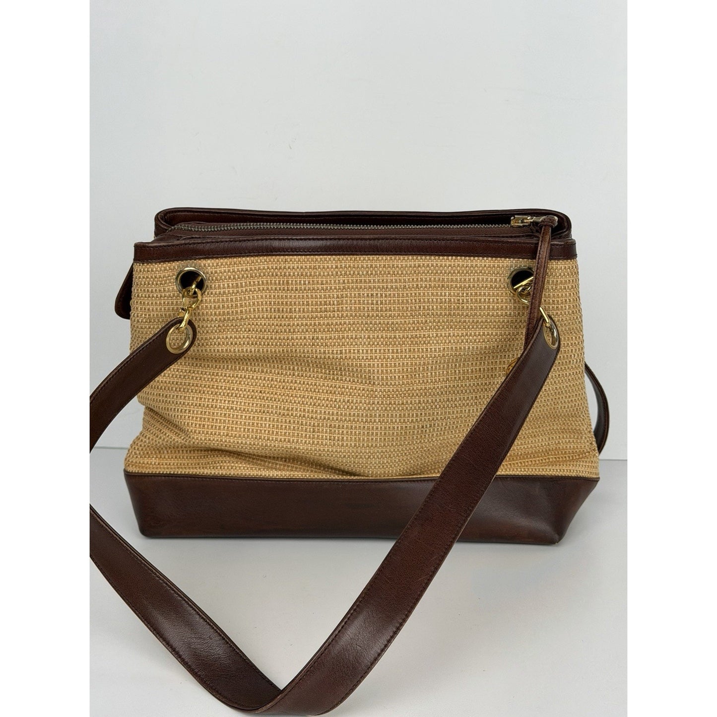 Chanel Raffia-Woven Tote Bag 1994 Vintage Beige Straw & Lambskin Leather Trim E5