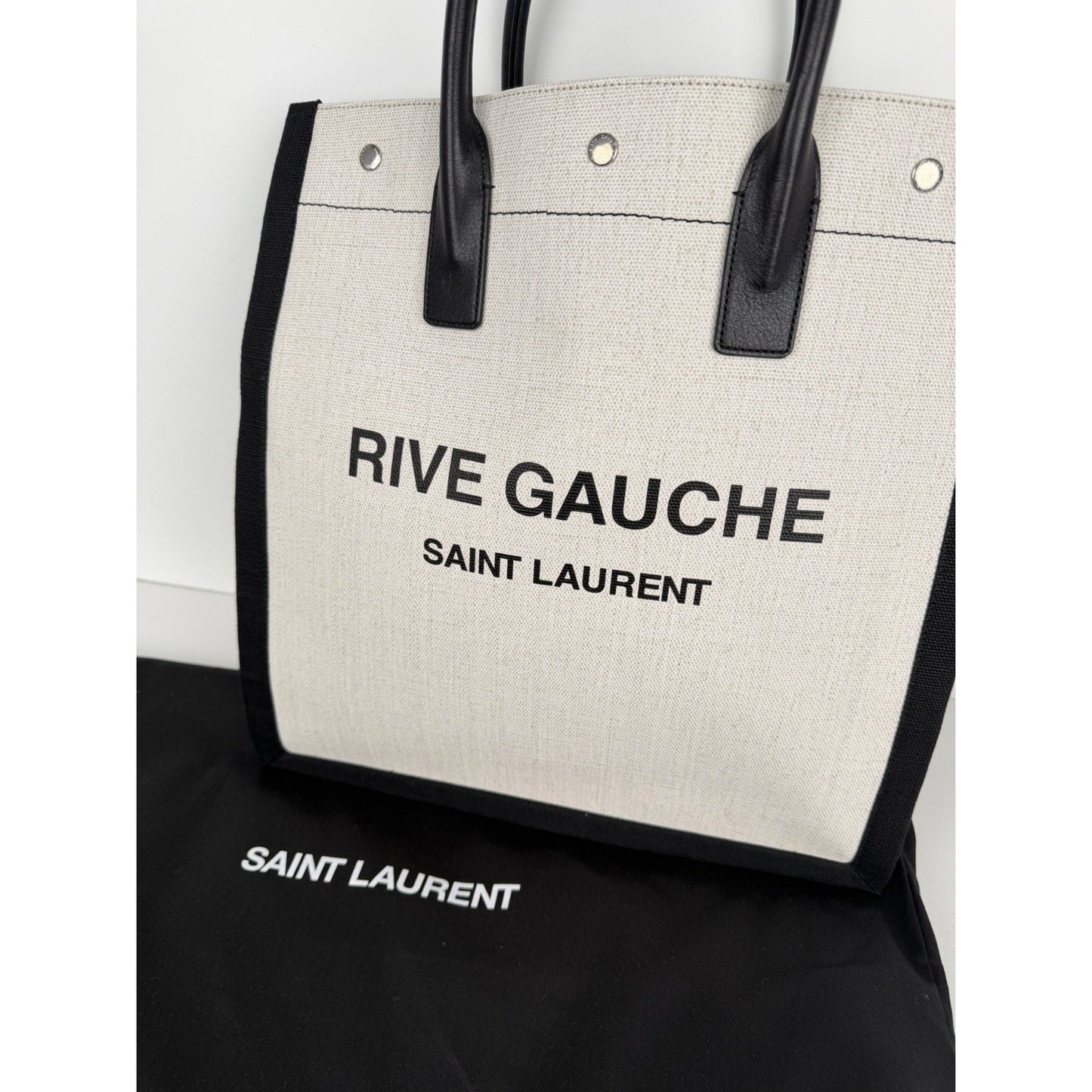 Saint Laurent Rive Gauche North/South Vertical Tote Bag White & Black Canvas S06
