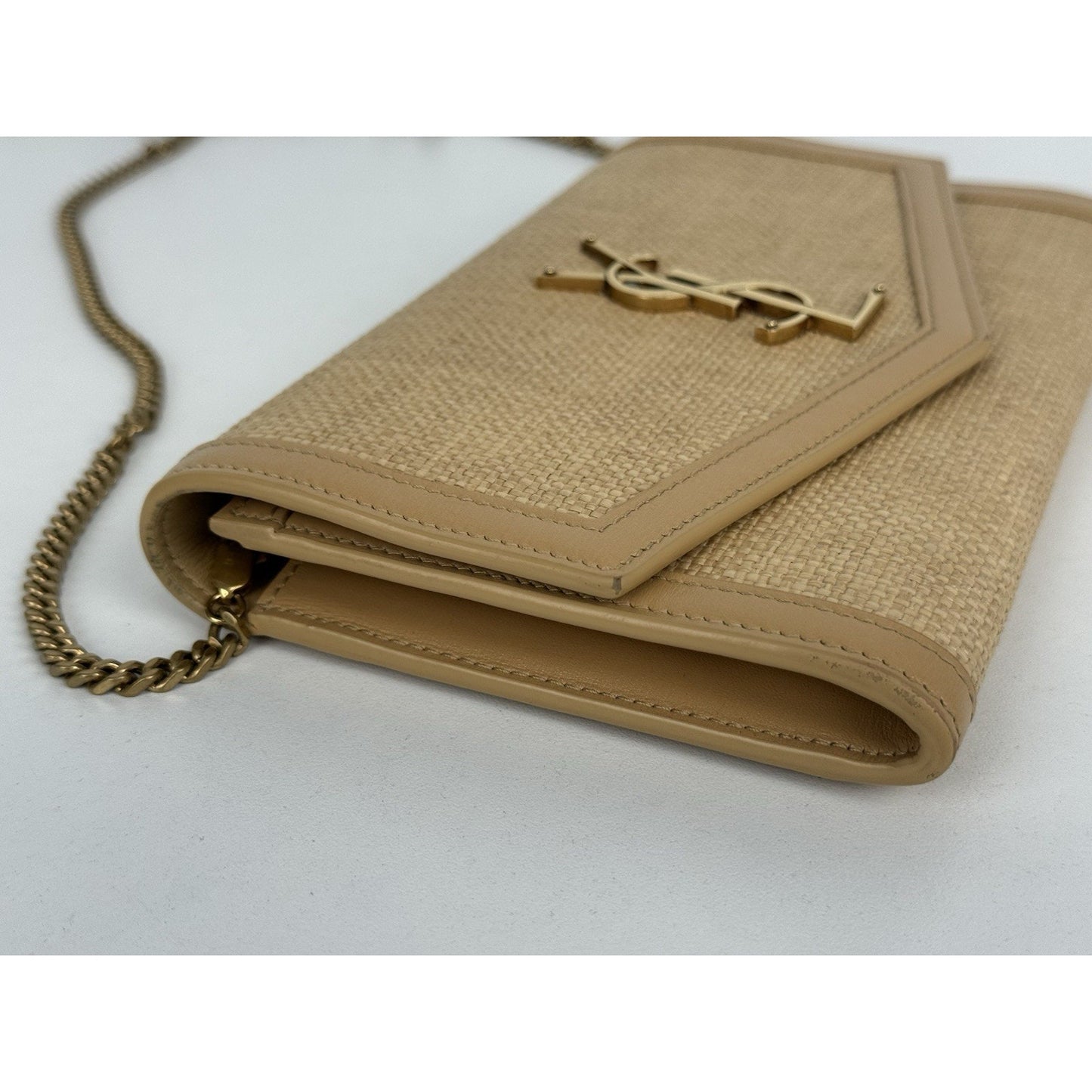 Saint Laurent Micro Raffia Monogram Uptown Chain Wallet – Natural Hay Blush