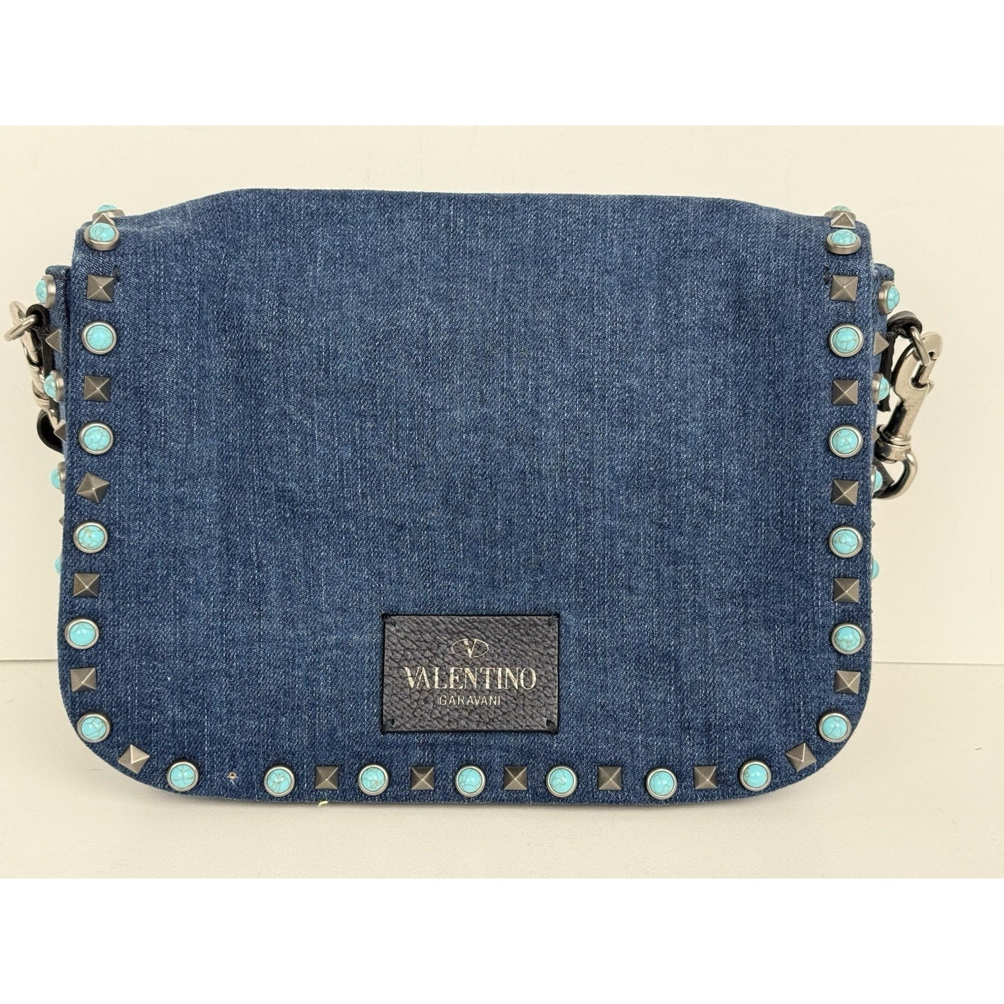 Valentino Rolling Rockstud Denim and Leather Shoulder Bag with Multicolor Strap