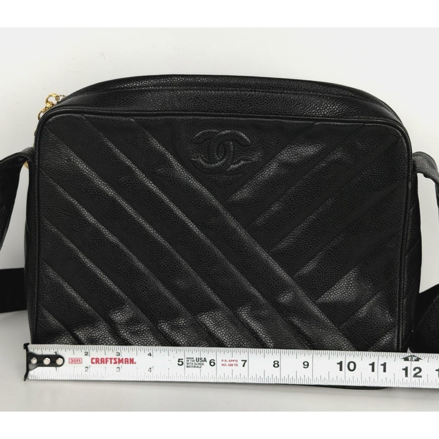 Chanel Chevron Caviar Camera Bag Large Vintage Black Quilted Leather 1991-1994 D8