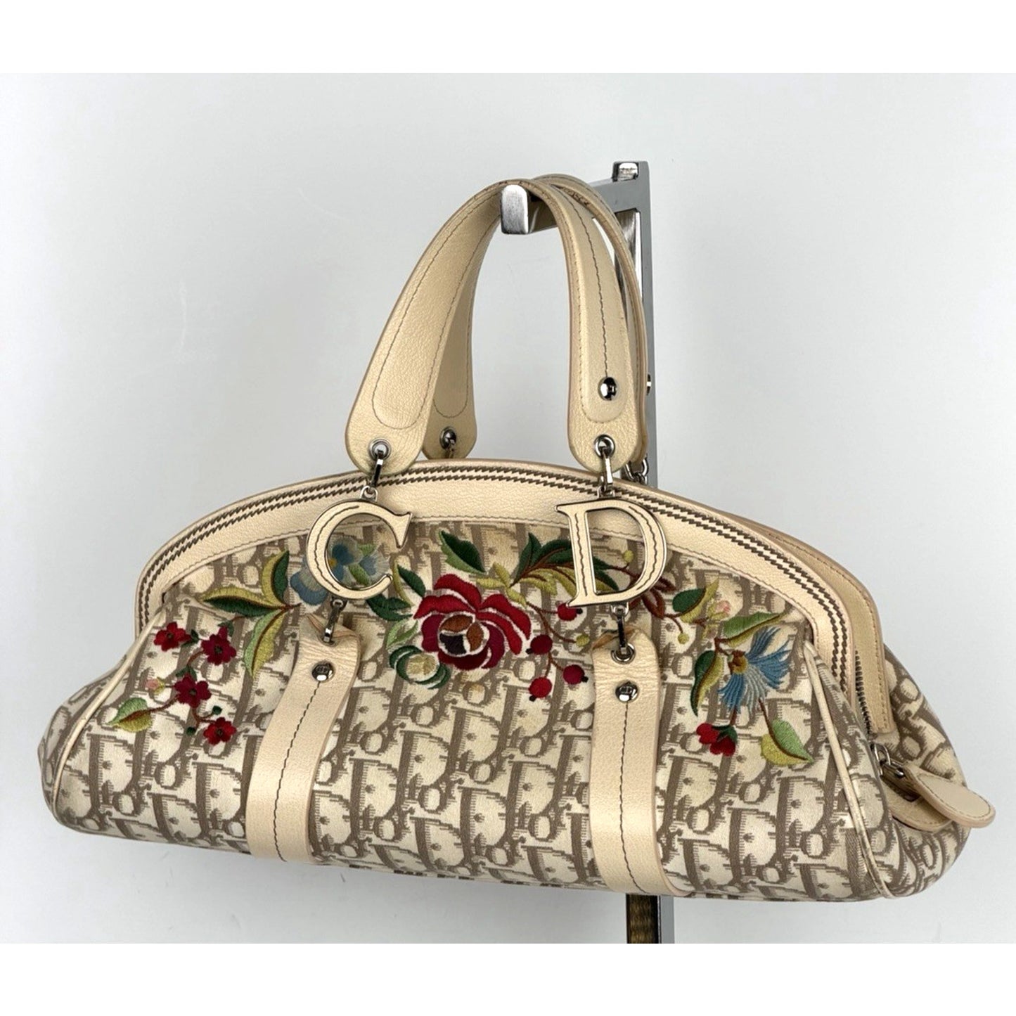 Christian Dior Trotter Bowling Bag Beige Diorissimo Canvas Floral Embroidered S7