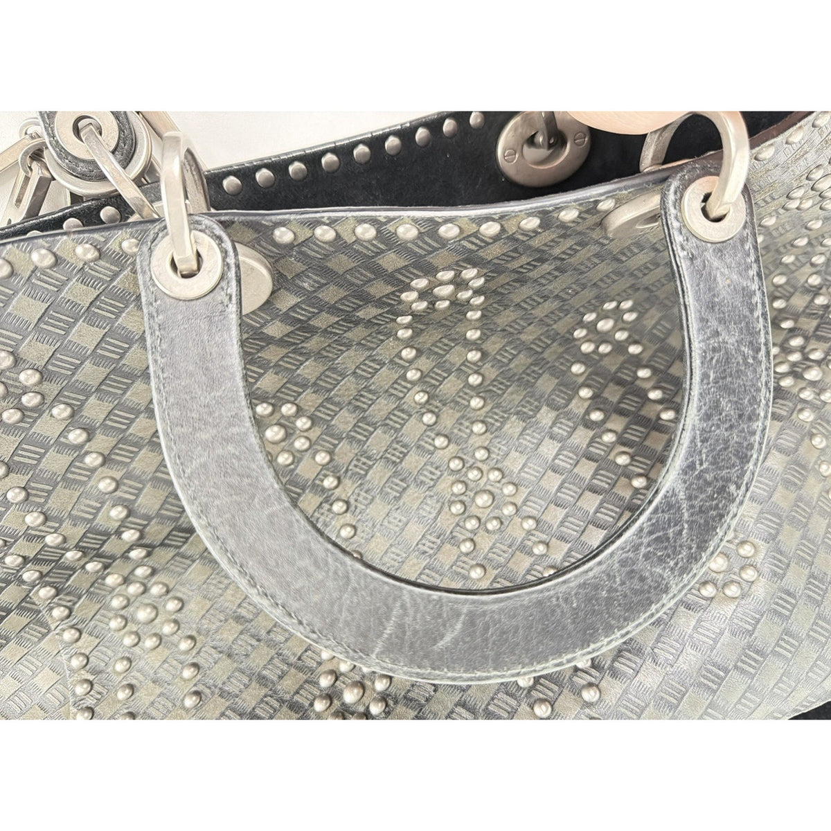 Christian Dior Lady Dior Studded Medium Top Handle Bag Black Leather NFC D8