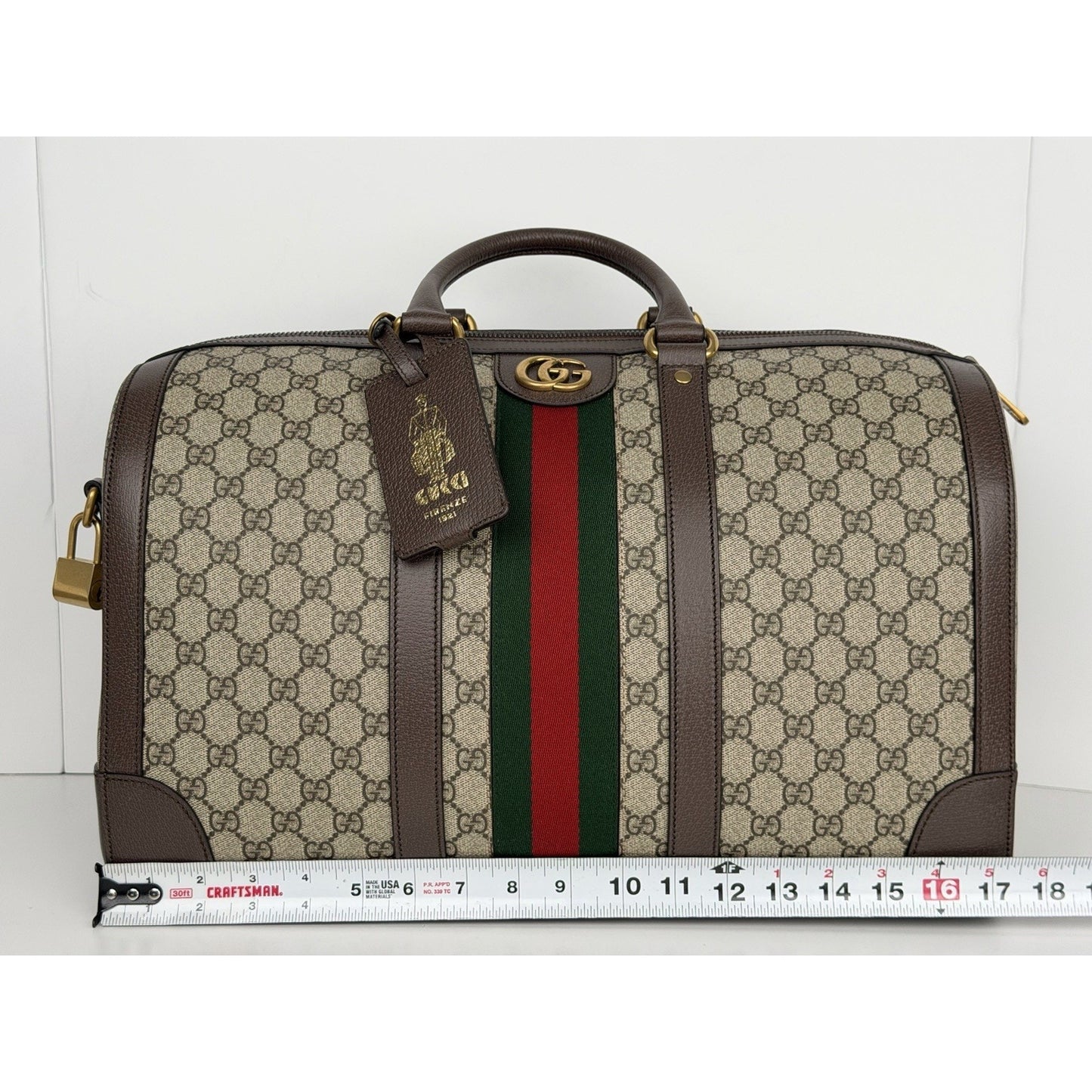 Gucci Savoy Medium Duffle Bag GG Supreme Canvas Brown Leather Trim