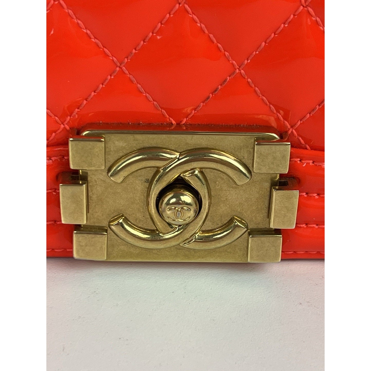 CHANEL Patent Quilted Medium Boy Flap Orange Shoulder Bag (2015-2016)