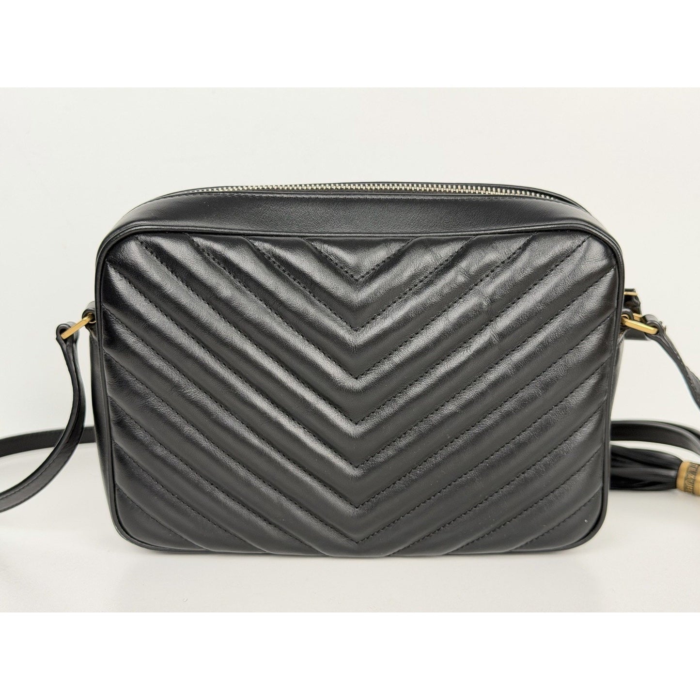 Saint Laurent Lou Camera Bag Medium Chevron Quilted Black Calfskin Leather D9