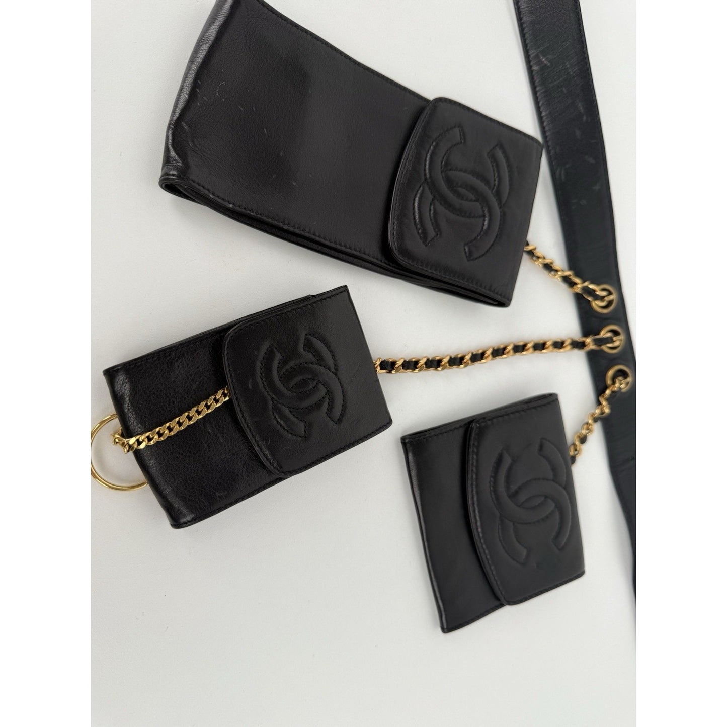 Chanel Vintage 1990 Waist Belt Multi Pouch Black Leather