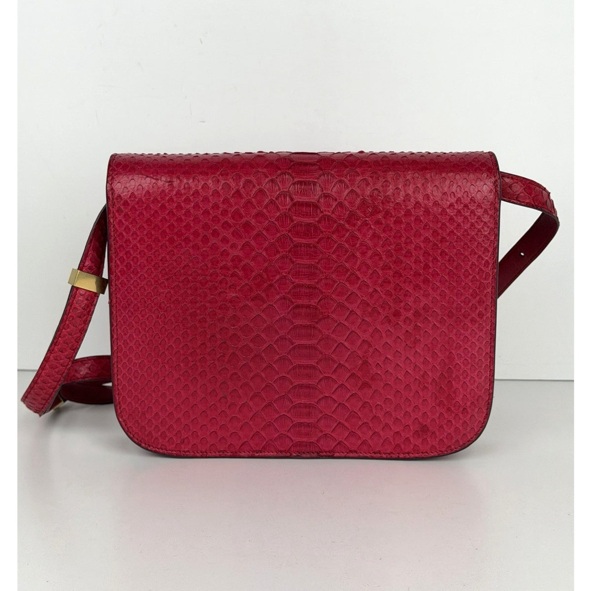 Celine Medium Classic Box Flap Shoulder Bag Red Python Leather Gold Hardware C-1