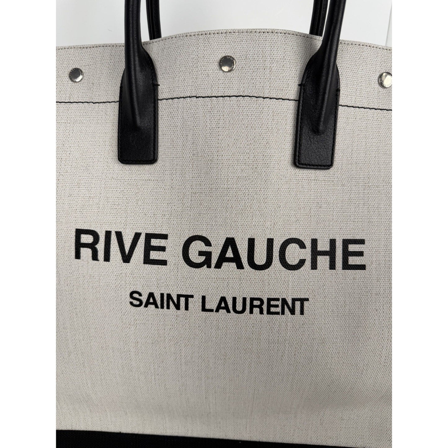 Saint Laurent Rive Gauche North/South Vertical Tote Bag White & Black Canvas S06