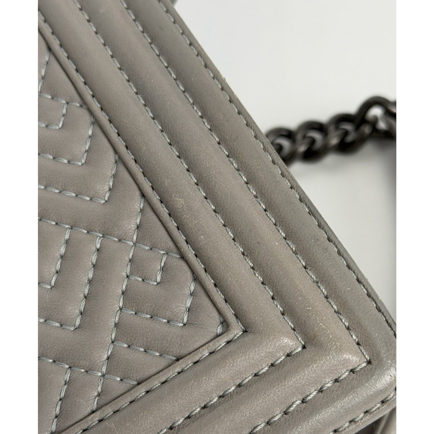 Chanel Boy Bag with Geometric Quilted Pattern in Gray Leather