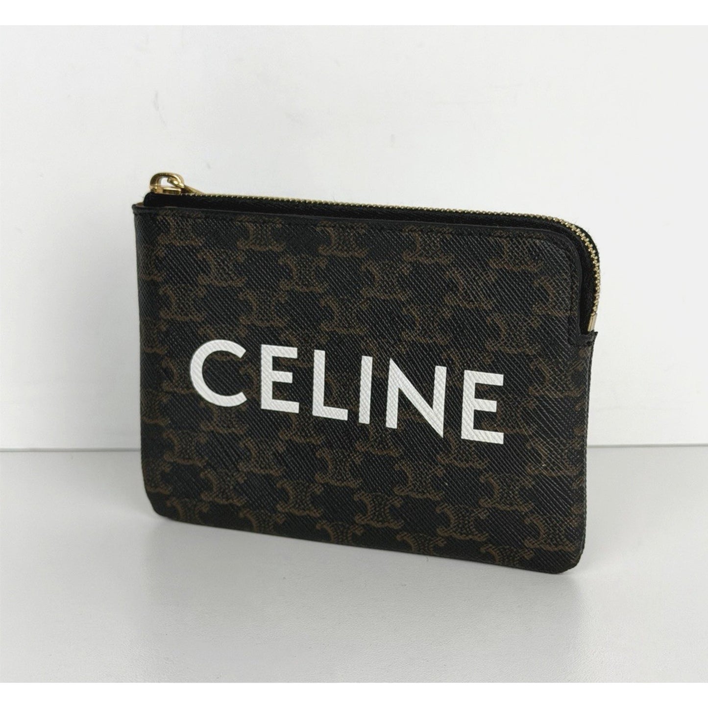 CELINE Triomphe Logo Coin and Card Pouch in Black Coated Canvas K1