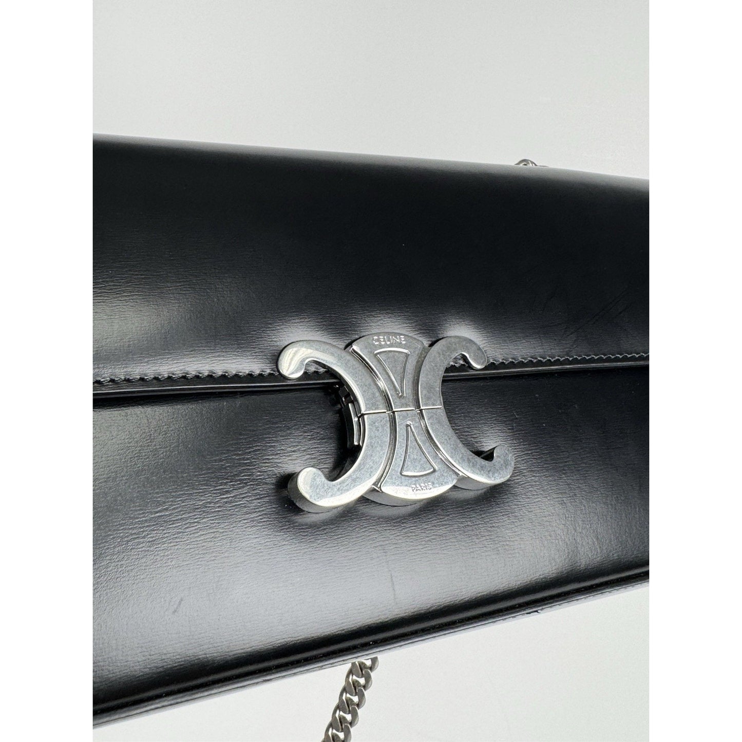 Celine Claude Chain Shoulder Bag Black Leather Triomphe Closure C-8