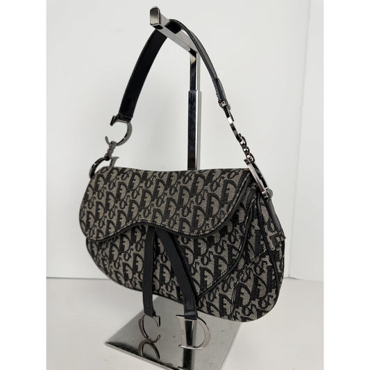 Christian Dior Double Saddle Medium Shoulder Bag in Black Monogram Canvas D1